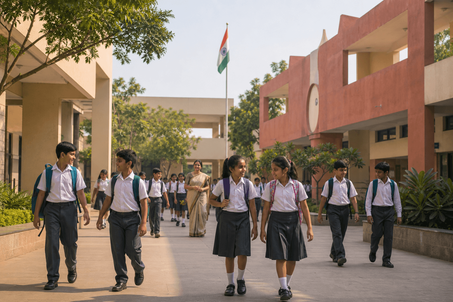 Indian school campus in the morning with students walking to class