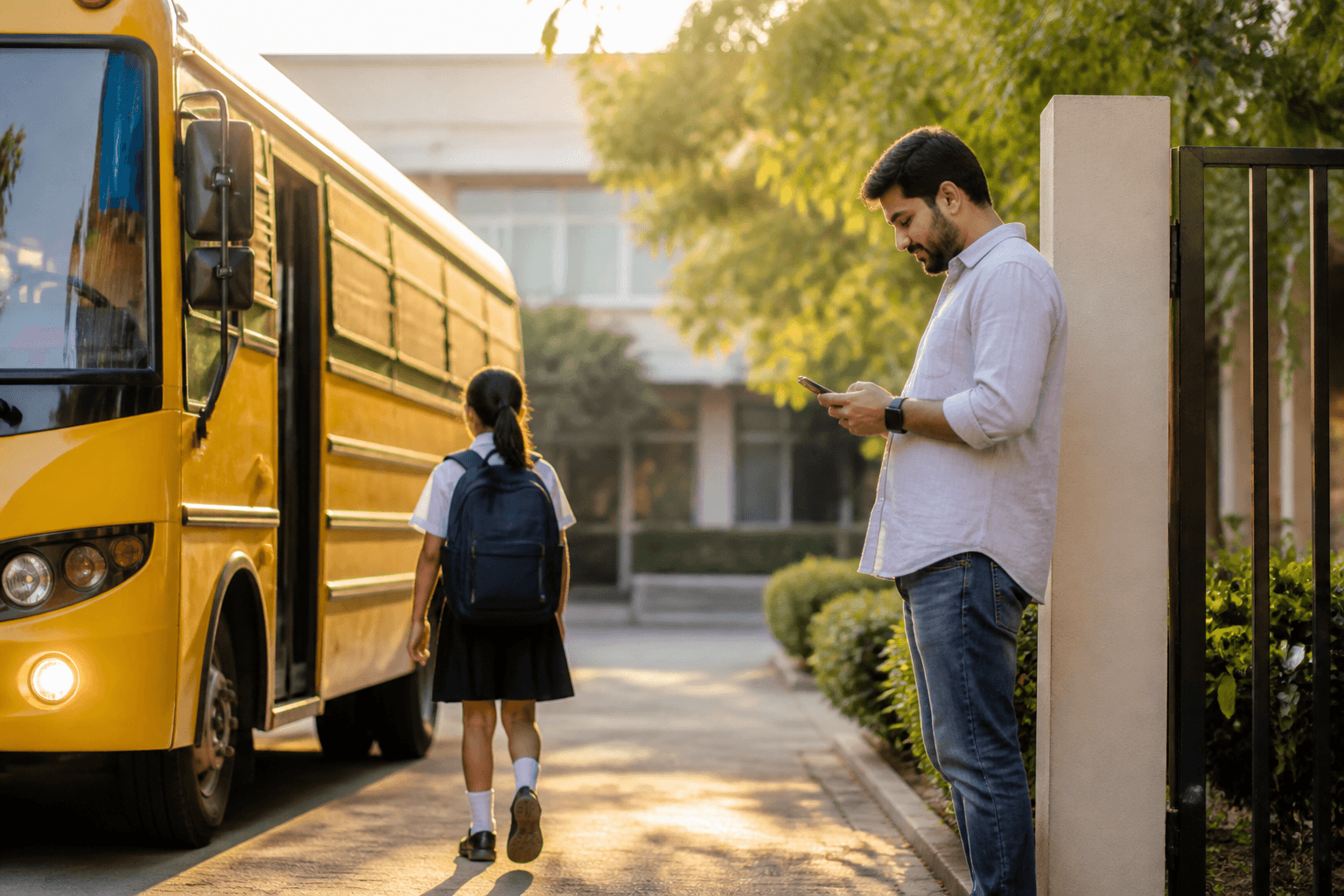 Parent and child at the school bus with live updates on a phone